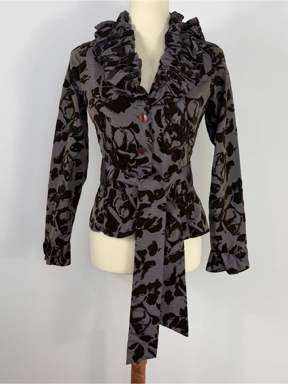 Anne Fontaine Shai Brown Burnout Velvet Floral Ruffle Collar Belted Jacket 1 XS